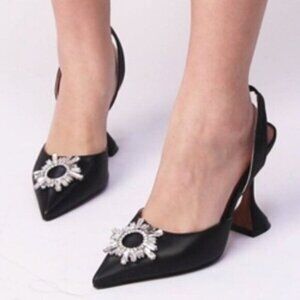 MICXKLZO Black Slingback Pointed Toe High Heels Slip On Heeled Sandals Shoes